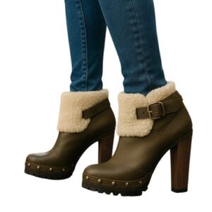TOPSHOP Unique Sherling Cuff Leather Booties Olive Green Platform Boho Size 8.5